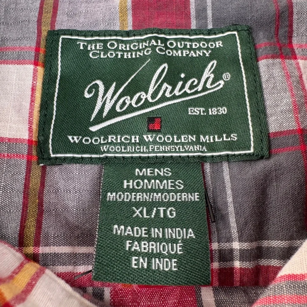 Woolrich Button Down Shirt Mens XL Red Plaid Short Sleeve Organic Cotton Stretch
